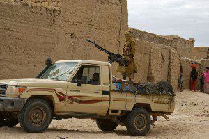 Militants from the al-Qaeda affiliate Ansar Dine on patrol in Timbuktu. The terror group held the city, and others in northern Mali for several months, until it was expelled by French troops in January 2013. Photo courtesy Magharebia/Wikimedia Commons